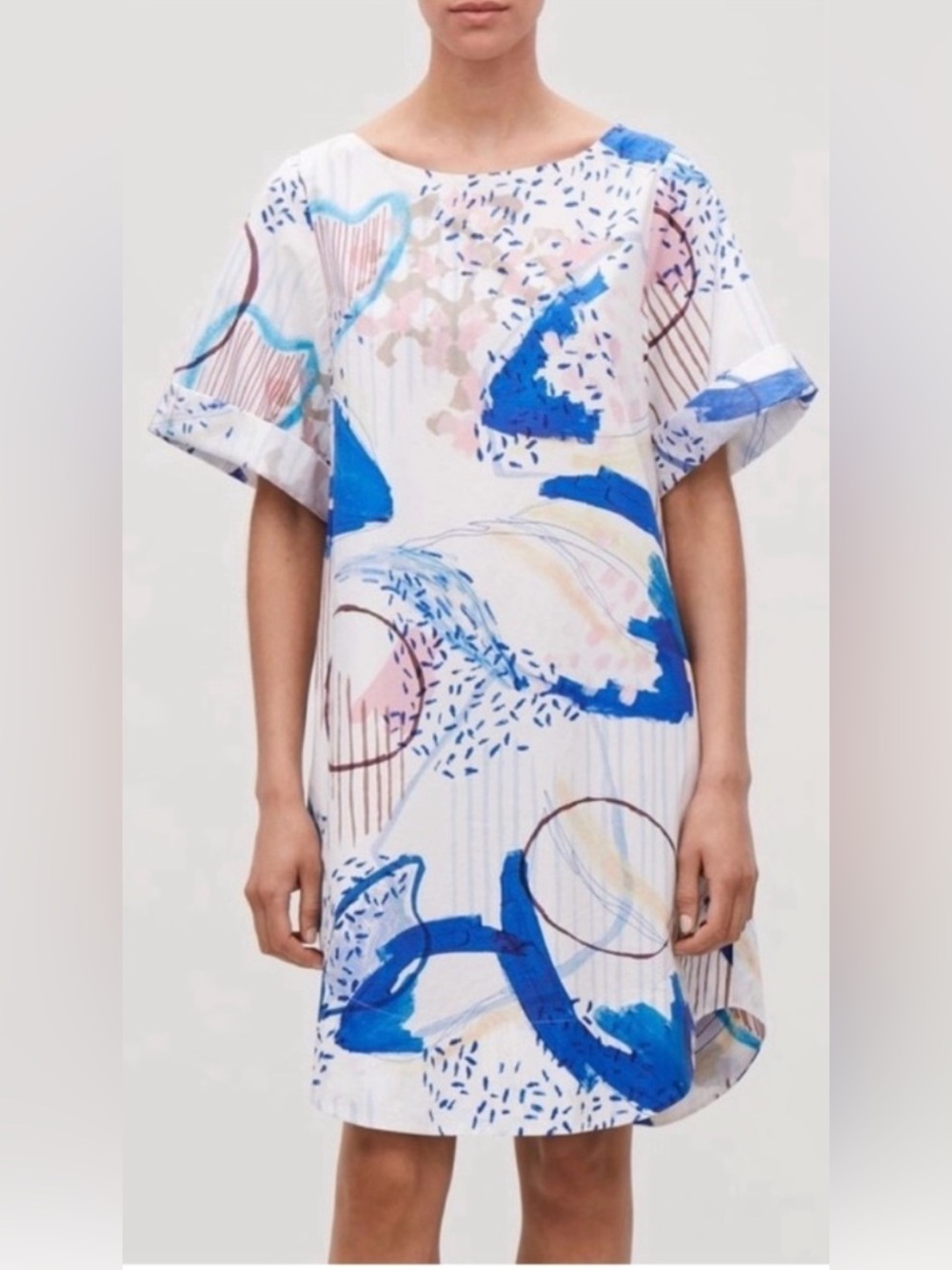 COS White Shift A-Line Dress with Bold Blue & Pink Abstract Print Sz 4 3/4 Sleev